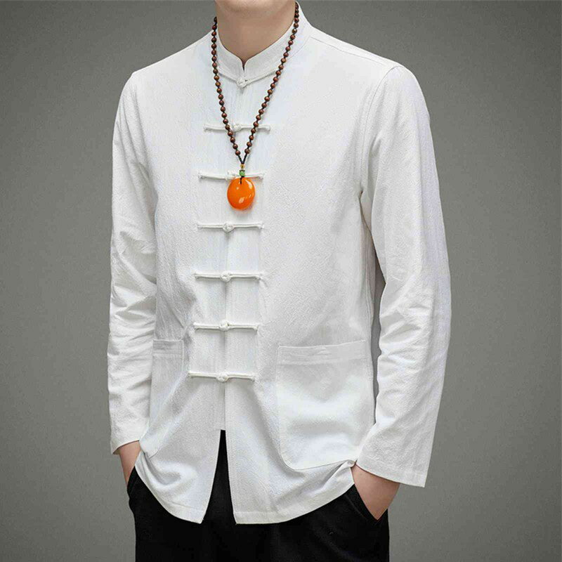 チャイナシャツ カーディガンシャツ メンズ チャイナ風 唐装 漢服 唐衣 中華服 春秋 無地 薄手 太極拳服 武術シャツ 上着 チャイナボタン ポケット付き カジュアル 大きいサイズ スポーツ 普段着