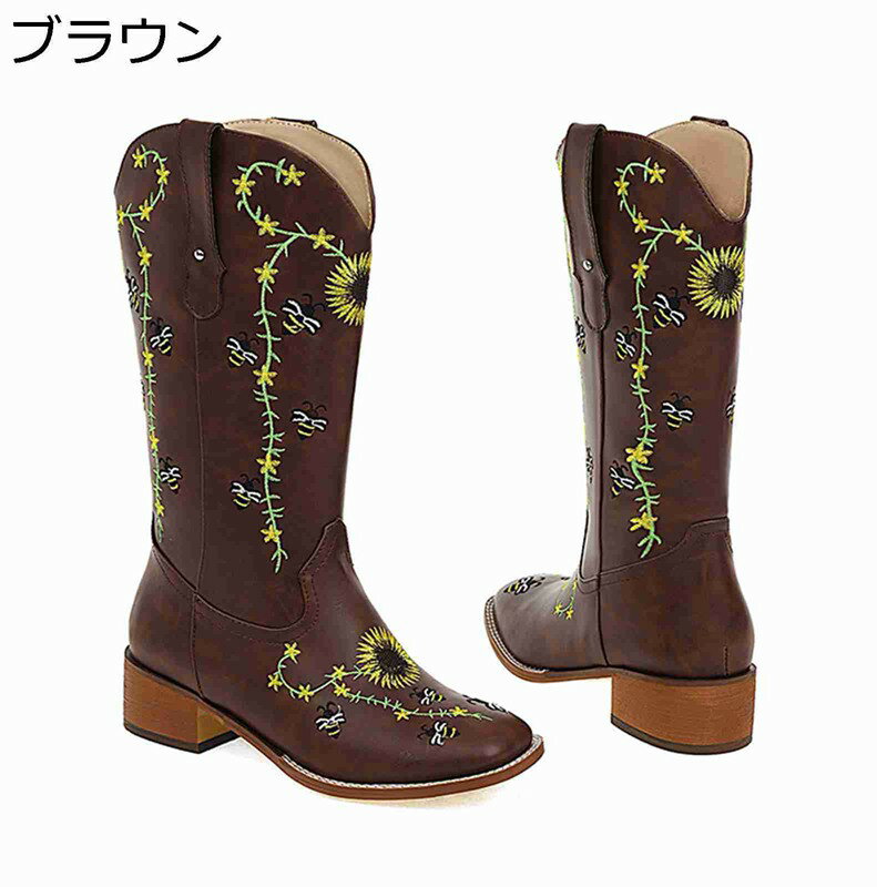 ウェスターブーツ 騎士ブーツ メンズ レディース フェイクレザー デージー 花柄刺繍 ヒール Vカット ロ..