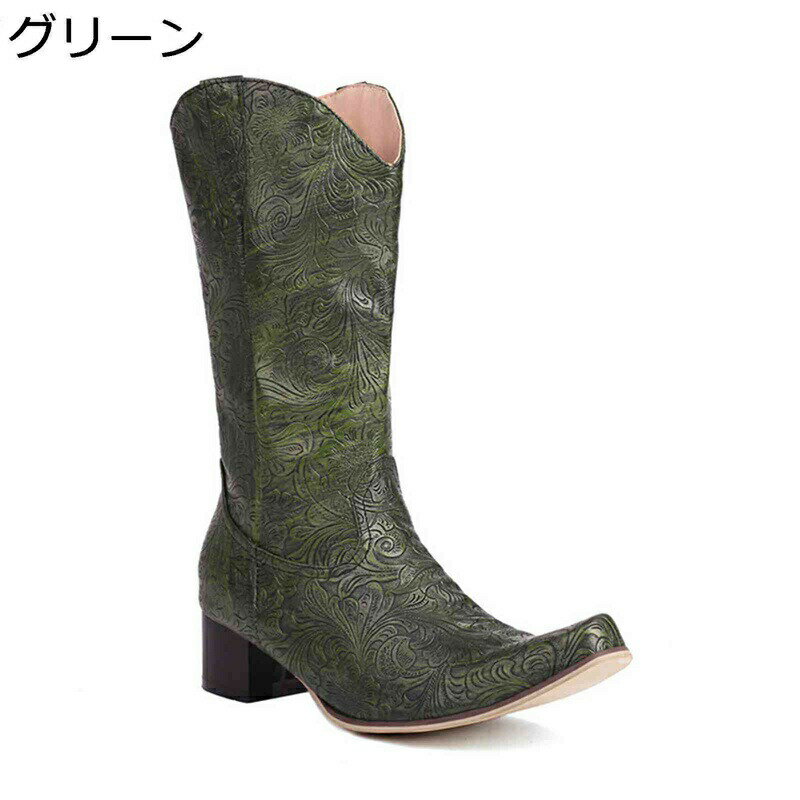 ウエスタンブーツ メンズ ロング丈 メンズブーツ 大きいサイズ スクエアトゥ 太めヒール 4cmローヒール 乗馬ブーツ 騎士ブーツ 秋冬 彫り上げ スリッポン 防水 柔らか ノンスリップ 復古