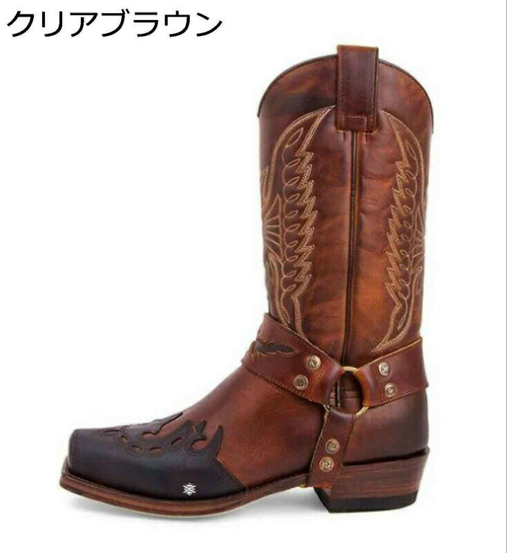 ウエスタンブーツ エンジニアブーツ 刺繍 スクエアトゥ ロングブーツ チャンキーヒール ユニセックス ..