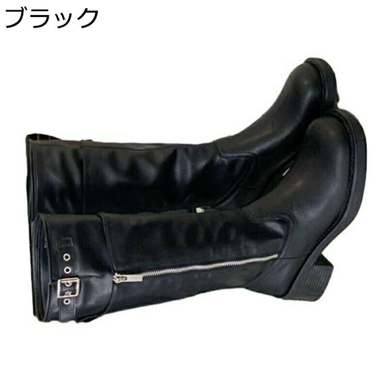 ロングブーツ 膝高 長靴 レディース ジョッキーブーツ ベルト フェイクジップ スクエアトゥ レトロ 痩せ効果 軽量 柔らかい 韓国 アメカジ 秋冬 袴ブーツ 防滑 大きいサイズ コスプレ ゴスロリ キャラ