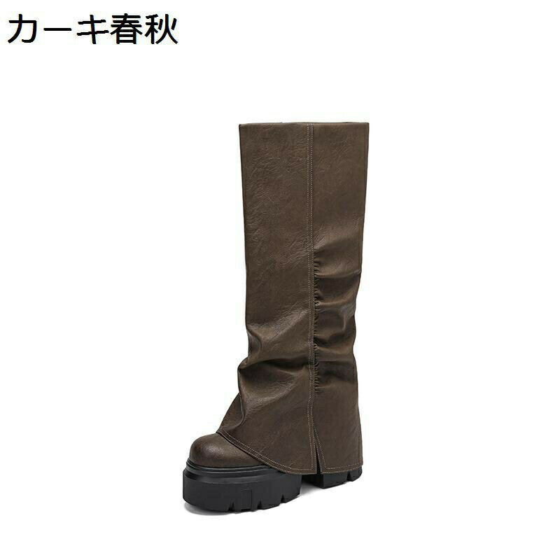 ロングブーツ レディース 厚底 ジョッキーブーツ 12cm インヒール 太めヒール 袴ブーツ 秋冬 合成皮革 ギャザー ゆったり 膝高 着脱簡単 小さいサイズ 防滑 ゴムソール 柔らかい 可愛い カジュアル 長靴