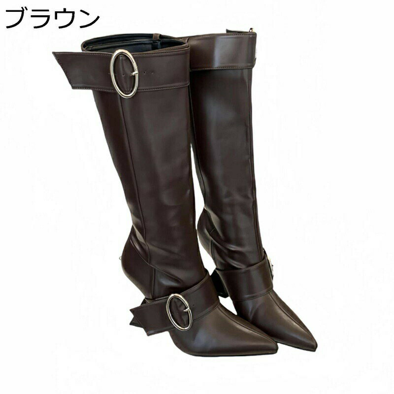 ロングブーツ 長靴 ひざ丈 レディース 6.5cm 異型ヒール ダブルバックル ポインテッドトゥ ジョッキーブーツ 革靴 痩せ効果 軽量 柔らかい フェミニン 春秋冬 防水 防滑 小さいサイズ コスプレ キャラ