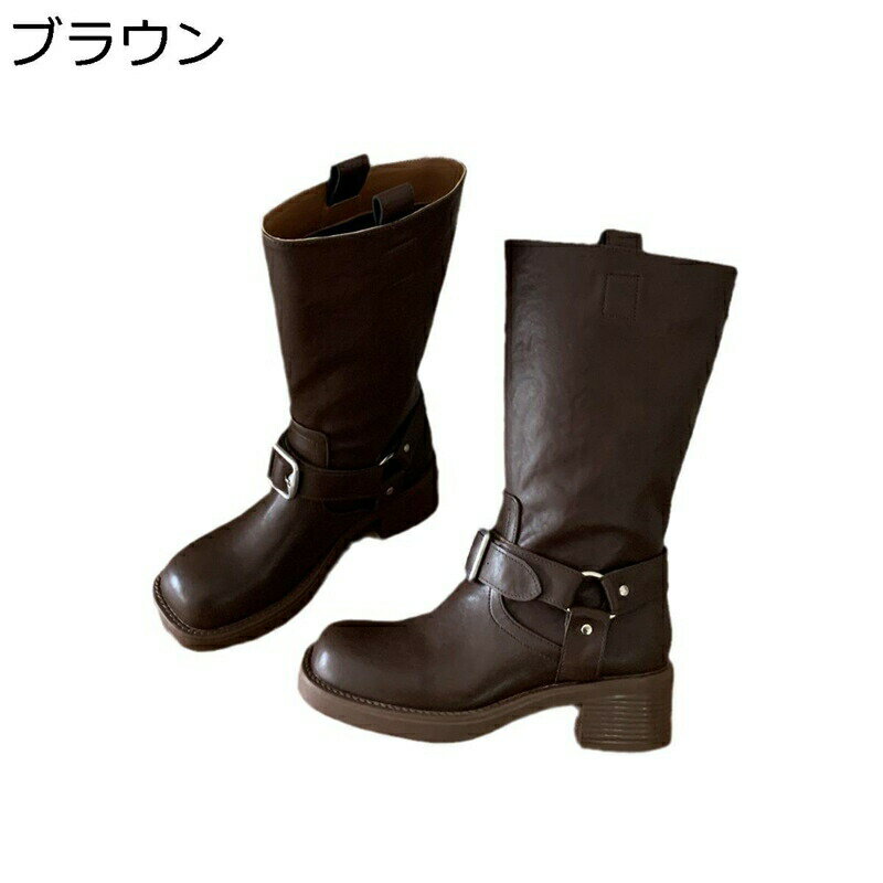ジョッキーブーツ 革靴 バックル付き ロングブーツ レディース 原宿 膝下 おでこ靴 太めヒール 足細く見え 軽量 秋冬春 落ちにくい おしゃれ クラシック アメカジ 防水 防滑 コスプレ 地雷 渋谷
