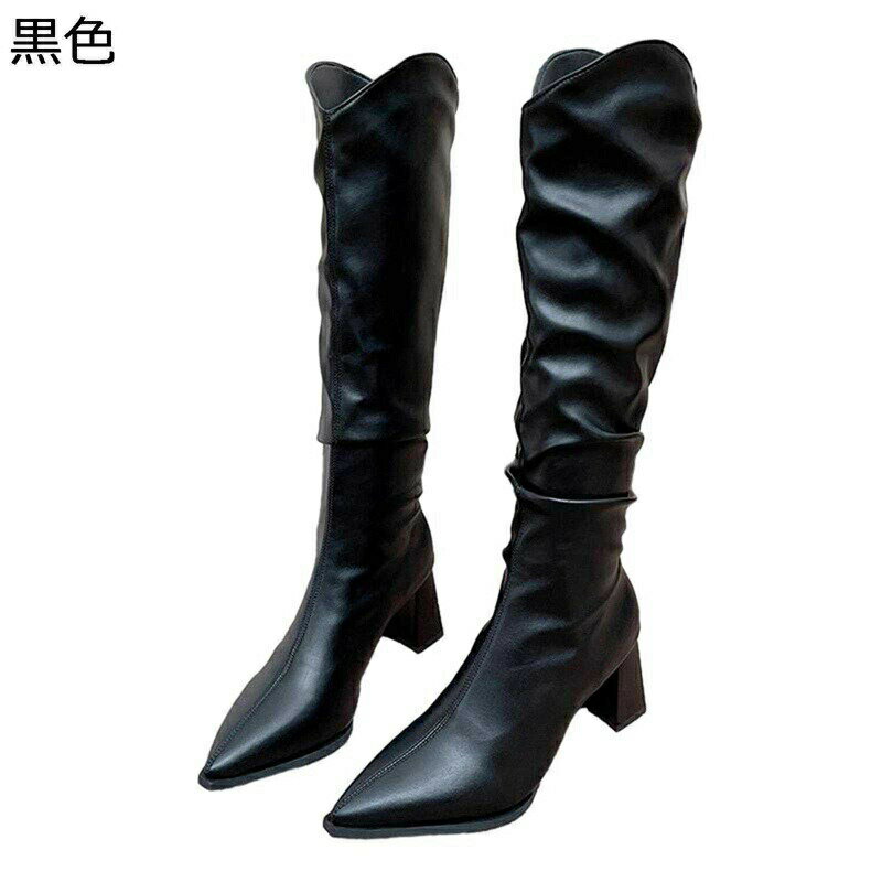 ロングブーツ レディース 膝下 ミドル丈 足細 6.5cm チャンキーヒール くしゅくしゅ vカット 秋冬春 PU 袴ブーツ 歩きやすい かわいい ポインテッドトゥ 滑り止め ゆったり 入学式 卒業式 通勤通学