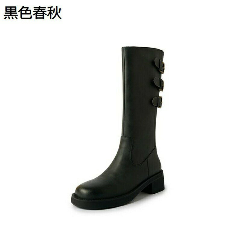 ミドル丈 本革 ロングブーツ レディース 三連ベルト 太めヒール 5cm 乗馬ブーツ 袴ブーツ 秋冬 合皮 シンプル 美脚 脚長 大きいサイズ 防滑 幅広 セクシー 大人 コスプレ ゴスロリ キャラ 長靴