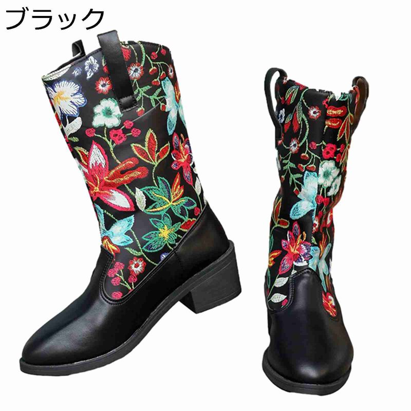 花柄 ロングブーツ レディース ジョッキーブーツ 合皮 ポインテッドトゥ 切り替え 膝下 ミドル丈 シンプル 脚長 秋冬 歩きやすい 定番 フィット 韓国 防水 防滑 大きいサイズ イベント カジュアル 通勤