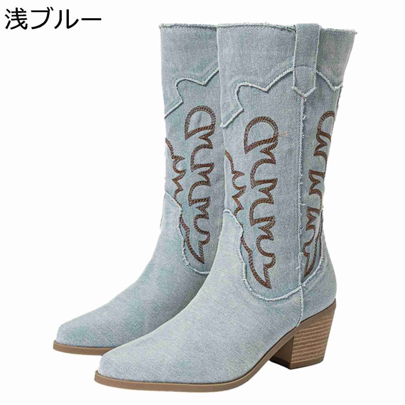 ロングブーツ 刺繍 デニムブーツ ハーフ丈 高筒 レディース ポインテッドトゥ 6cmヒール ジョッキーブーツ 痩せ効果 軽量 脱げない 春秋冬 ソフト 防滑 大きい 小さいサイズ コスプレ 地雷 渋谷 原宿