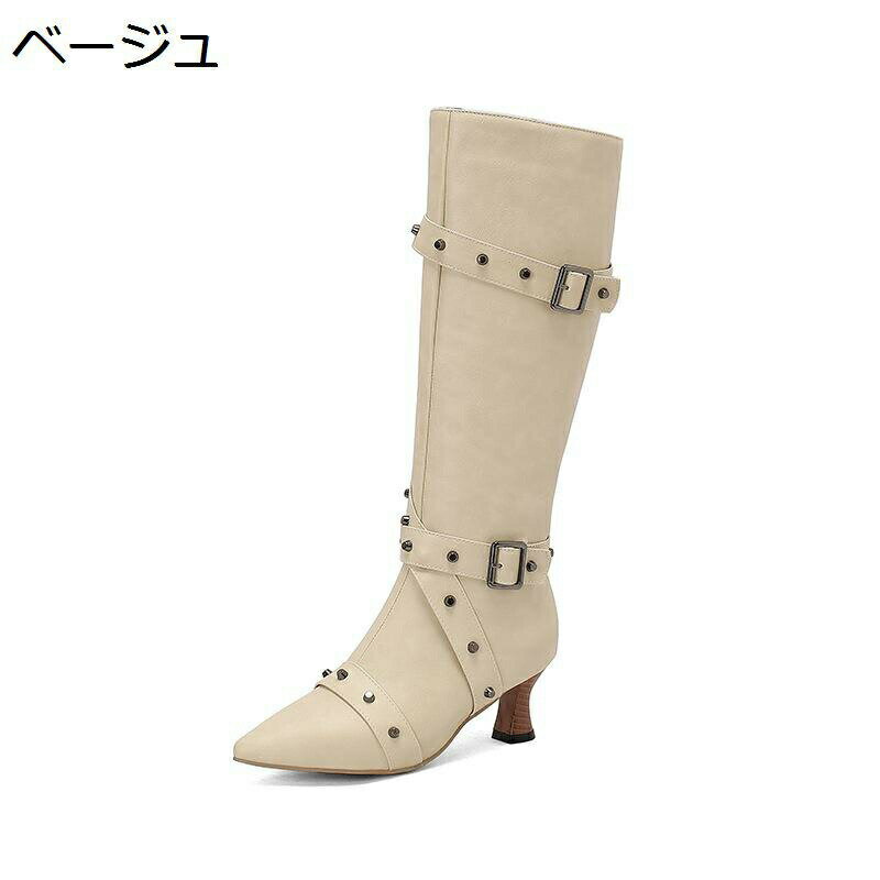 ロングブーツ 膝丈 レディース 袴ブーツ ジョッキーブーツ スタッズ 革 シンプル 美脚 ポインテッドトゥ ベルト ピンヒール 5.5cm 履きやすい フェミニン セクシー 春秋冬 防滑 大きいサイズ オフィス