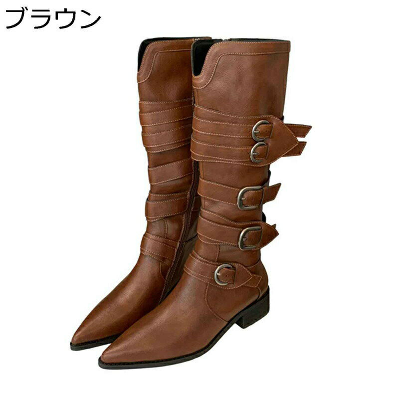 ロングブーツ ジョッキー 5連ベルト レディース 乗馬ブーツ ポインテッドトゥ サイドジップ 長靴 ひざ丈 細身 美脚 秋冬春 歩きやすい 定番 ファッション 防水 防滑 ビッグサイズ パンク ハロウィン 旅行