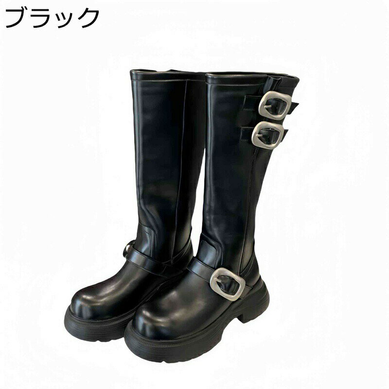 ロングブーツ 厚底 レディース ジョッキーブーツ 膝丈 ダブルベルト レザー 痩せ効果 袴ブーツ 軽量 バイク系 脱げない フェミニン かっこいい 秋冬 ソフト 防滑 ゆったり カジュアル 仮装 コスプレ