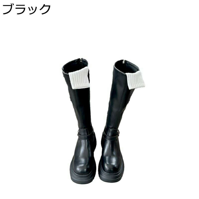 ロングブーツ 厚底 ハーフ丈 高筒 レディース バックジップ ベルト ジョッキーブーツ 革靴 痩せ効果 軽量 落ちにくい おしゃれ 定番 クラシック 秋冬 ソフト 防滑 カジュアル 乗馬 バイク用 フェス