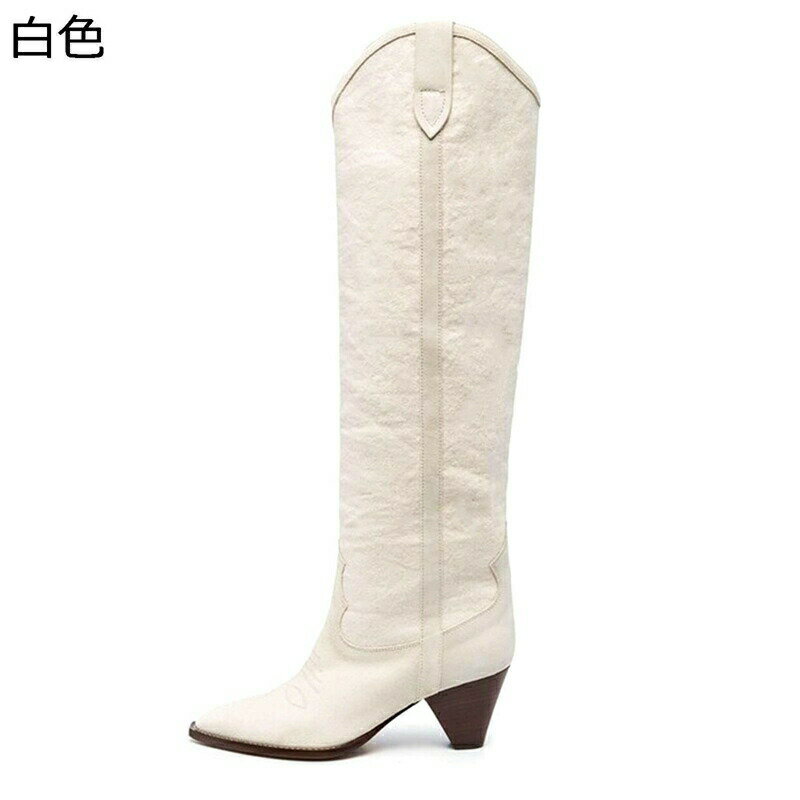 膝丈 ロングブーツ レディース デニム調ブーツ 切り替え スエード 袴ブーツ 秋冬 ポインテッドトゥ 太めヒール 6cm 足細 細身 着脱簡単 大きいサイズ ゆったり 防水 防滑 大人 パーティ ストリート 長靴