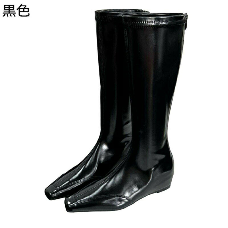 ロングブーツ 高筒 レディース スクエアトゥ インヒール 4cm ジョッキーブーツ エナメル 美脚 乗馬ブーツ バックジップ 柔らかい 定番 クラシック 春秋冬 ソフト 防滑 フラット 乗馬 バイク用 フェス