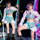 キッズ ダンス衣装 女の子 ホワイト 青 緑 セットアップ チアダンス キャミソール へそ出し 長袖 リボン ショートパンツ スパンコール キラキラ k-pop 可愛い カッコイイ おしゃれ 個性 ステージ衣装 チーム 発表会 JAZZ hiphop DJ 応援団 韓国