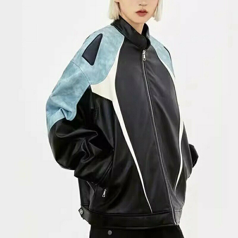 ライダースジャケット 革ジャン メンズ レディース 切り替え PUコート ブルゾン ジップアップ 防水 防寒 スタンドカラー 秋 冬服 シングル シンプル ユニセックス バイクジャケット 若者