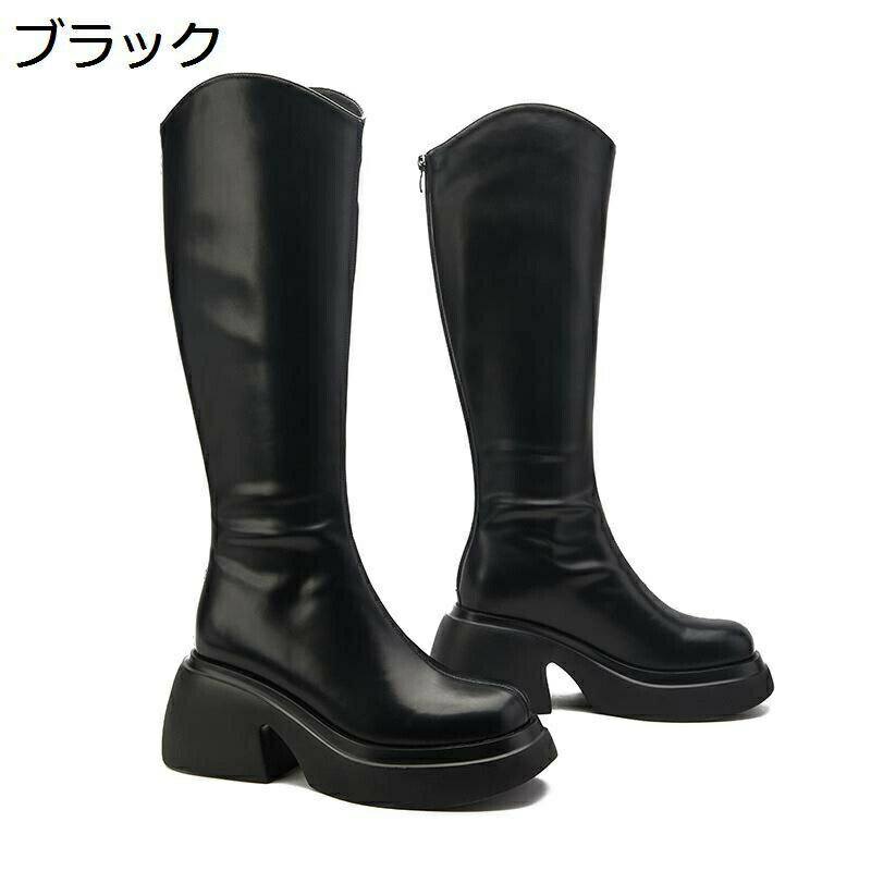厚底ブーツ ロングブーツ チャンキーヒール レディース 高筒ブーツ プラットフォーム ハイヒール Vカット 膝丈ブーツ バックジッパー 長ブーツ カジュアル 美脚 身長up 高筒ブーツ クッション性 軽量