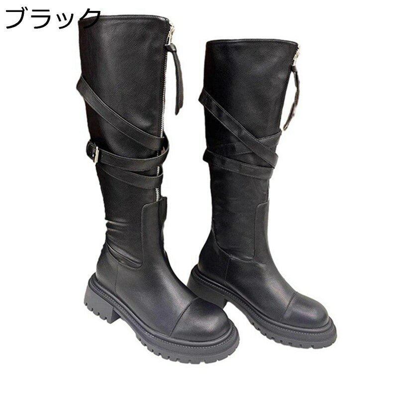 ロングブーツ レディース 秋冬 バックル 前開きジッパー 折り返し エンジニアブーツ チャンキーヒール ラウンドトゥ 長ブーツ 膝下 高筒 ゆったり ジョッキーブーツ 美脚 ガーリー サブカル パンク系