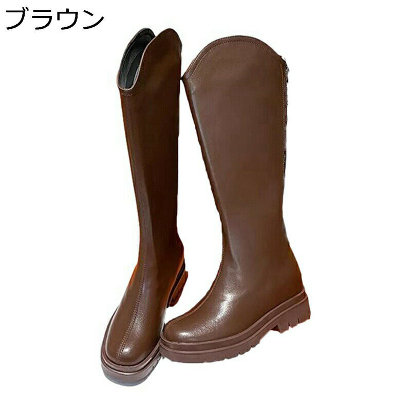 ジョッキーブーツ レディース ロングブーツ スクエアトゥ 太ヒール 柔らかい Vカット 長ブーツ ゆった..