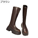 厚底ブーツ レディース 革 ロングブーツ 美脚 カジュアル 身長UP 長ブーツ バックジッパー チャンキーヒール 痩せ効果 ストレッチ 高筒ブーツ 秋冬 防水 楽チン オシャレ 晴雨兼用 イベント 二次会