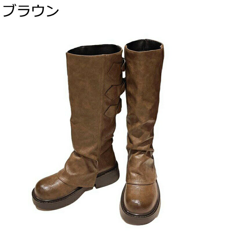 バックル エンジニアブーツ レディース 厚底 騎士ブーツ ロングブーツ ヴィンテージ 秋冬 ラウンドトゥ ローヒール レトロ カジュアル パンク風 ガーリー系 おしゃれ 膝丈ブーツ 防水性 晴雨兼用