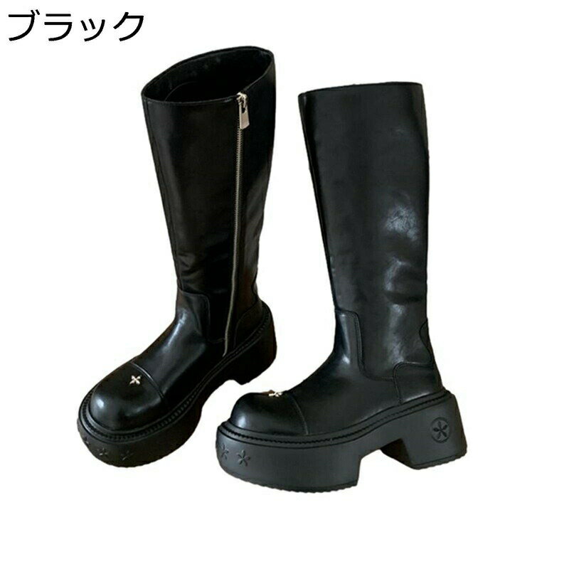厚底ブーツ 高筒 レディース ロングブーツ バックジッパー ラウンドトゥ プラットフォーム サイドジッパー ガーリー系 おしゃれ 美脚 柔らかい ストレッチ チャンキーヒール 膝丈ブーツ クッション性