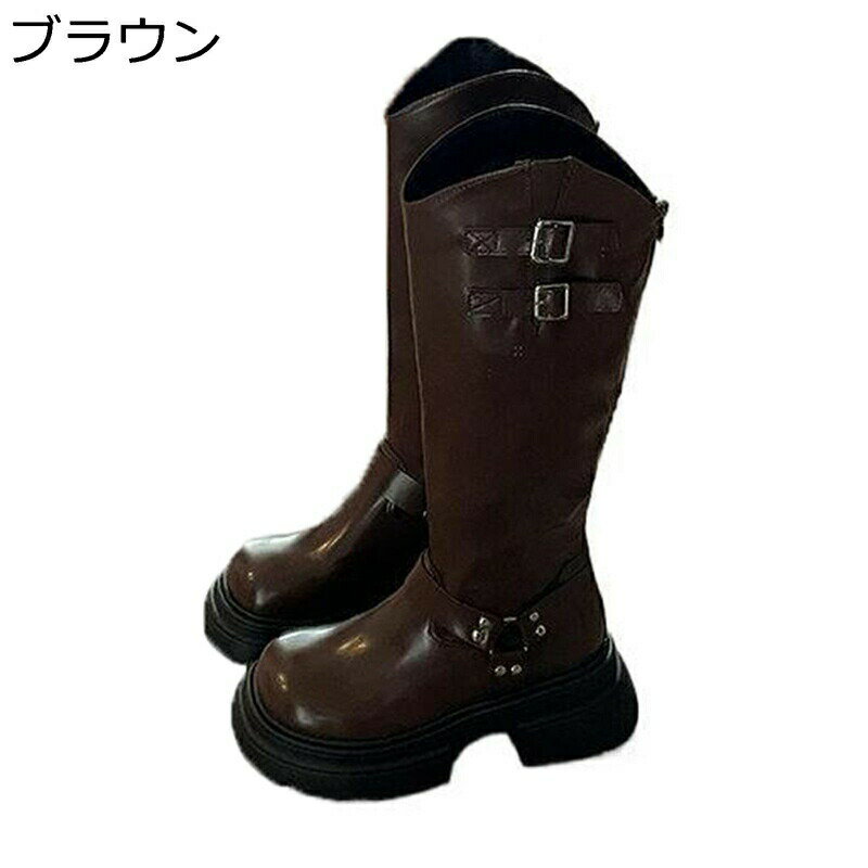 厚底ブーツ バックル リベット ロングブーツ レディース エンジニアブーツ 騎士ブーツ プラットフォーム ラウンドトゥ ヴィンテージ おしゃれ ウエスタンブーツ 高筒ブーツ 膝丈 ガーリー系 可愛い
