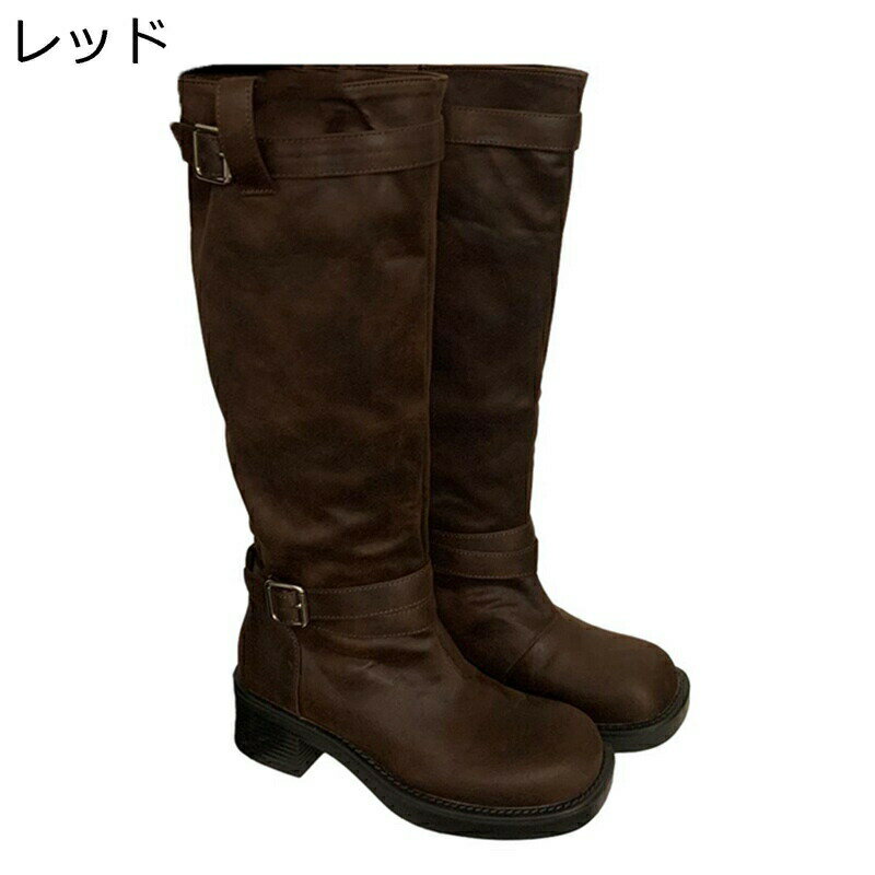 エンジニアブーツ スエード レディース ロングブーツ 騎士ブーツ バックル 秋冬 カジュアル 美脚 ゆったり チャンキーヒール ローヒール 高筒 膝丈ブーツ シンプル ヴィンテージ ラウンドトゥ 長ブーツ