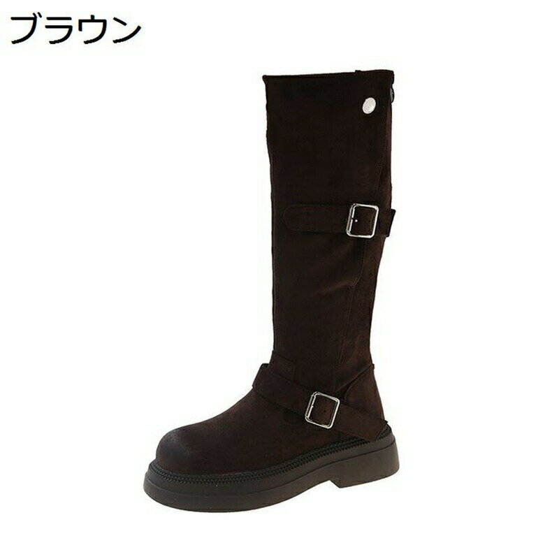 ロングブーツ 厚底 膝丈 レディース ストレッチ 長ブーツ スエード 高筒ブーツ バックル 秋冬 美脚 身長up カジュアル クッション性 ジョッキーブーツ ヴィンテージ 滑り止め 軽量 歩きやすい