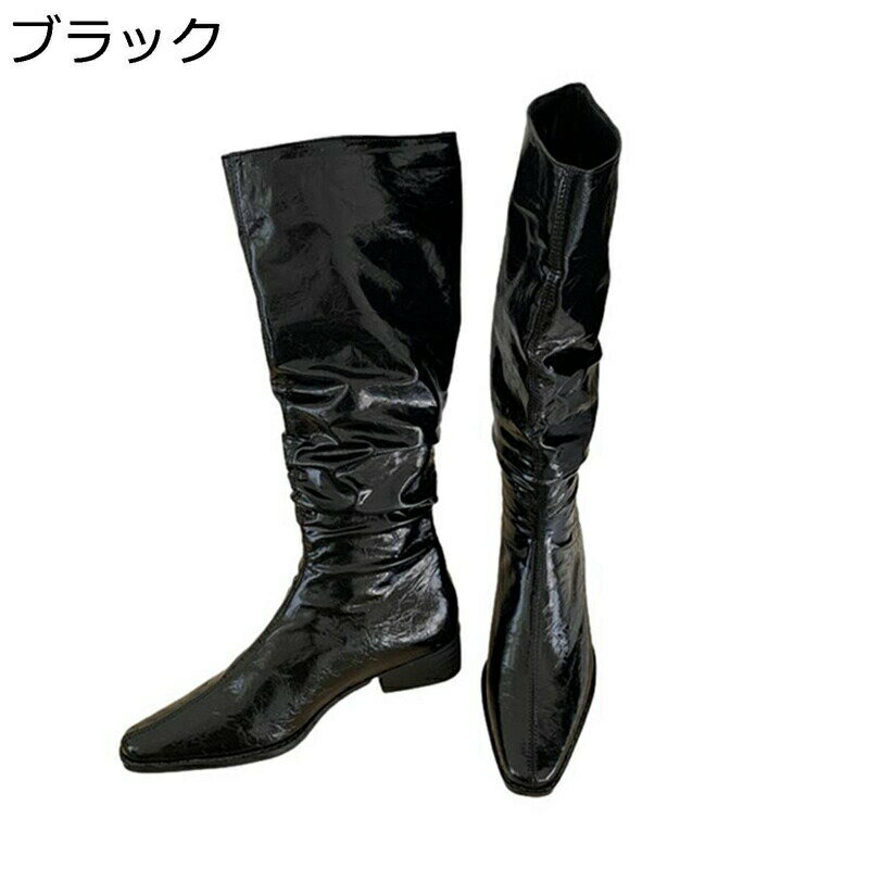 ウエスタンブーツ エナメル ロングブーツ レディース スクエアトゥ チャンキーヒール ジョッキーブーツ おしゃれ ゆったり くしゅくしゅ 高筒ブーツ ドレープ 騎士ブーツ 歩きやすい 秋冬 モード系