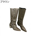 ロングブーツ ウエスタンブーツ レディース エンジニアブーツ バックル リベット 太ヒール ポインテッドトゥ ゆったり ドレープ くしゅくしゅ カジュアル 秋冬 ビンテージ 美脚 歩きやすい 高筒ブーツ