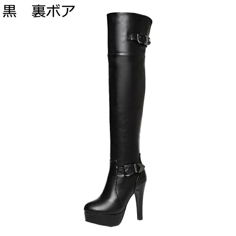 ロングブーツ サイハイブーツ 11cm ニーハイブーツ オーバーニーブーツ レディース 金属 メタリック ベルト 甲ストラップ ファスナー ピンヒール ポインテッドトゥ ハイヒール 秋冬靴 美脚