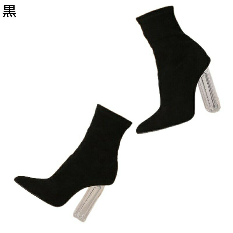 ショートブーツ 透明ヒール レディース ストレッチブーツ 大きいサイズ スエード ハイヒール カジュアルブーツ 短靴 ポインテッドトゥ ファスナー ジップアップ ミドルヒール 粗いかかと 冬秋