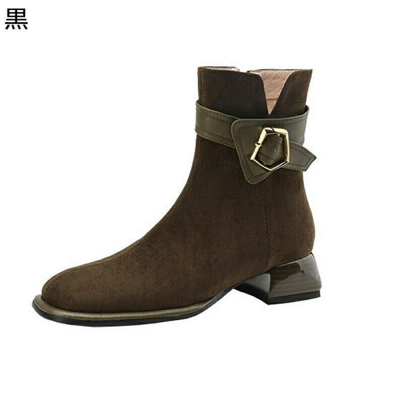 ショートブーツ カジュアルブーツ レディース パッチワーク 金属 バックル スエード 甲ストラップ ミドルヒール 粗いかかと スクエアトゥ 冬秋靴 ジップ 短靴 滑り止め 可愛い エレガント