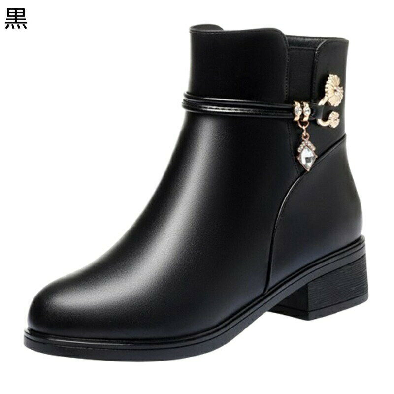 ショートブーツ レディース 大きいサイズ 花飾り ラインストーン ダイヤ式 メタリック 金属 ミドルヒール 防寒靴 ファスナー 短靴 太ヒール アーモンドトゥ 秋冬 走れる 屈曲 美脚 細見え