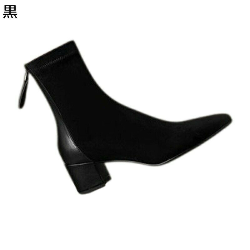 ショートブーツ レディース ストレッチ 切り替え スエード ジッパー 短靴 太ヒール ポインテッドトゥ ミドルヒール 冬ブーツ 秋着 着やせ おしゃれ 滑らない 柔らかい 外履き クッション入り