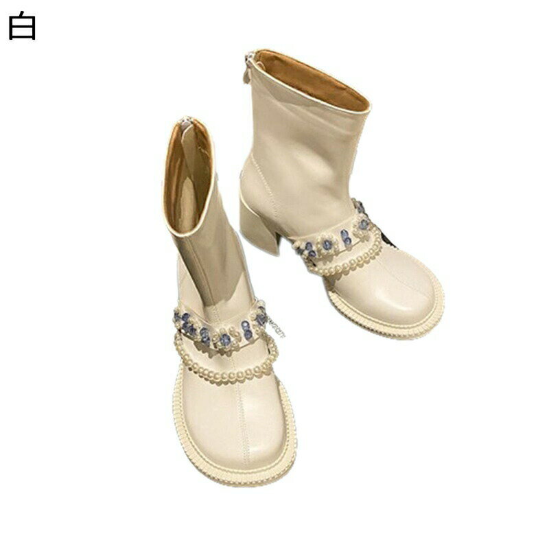 ショートブーツ レディース靴 真珠 エナメル パール 花飾り カジュアルブーツ 短靴 バックジッパー 短靴 スクエアヒール スクエアトゥ ミドルヒール 冬秋着 防水性 屈曲 楽チン 美脚 滑りにくい