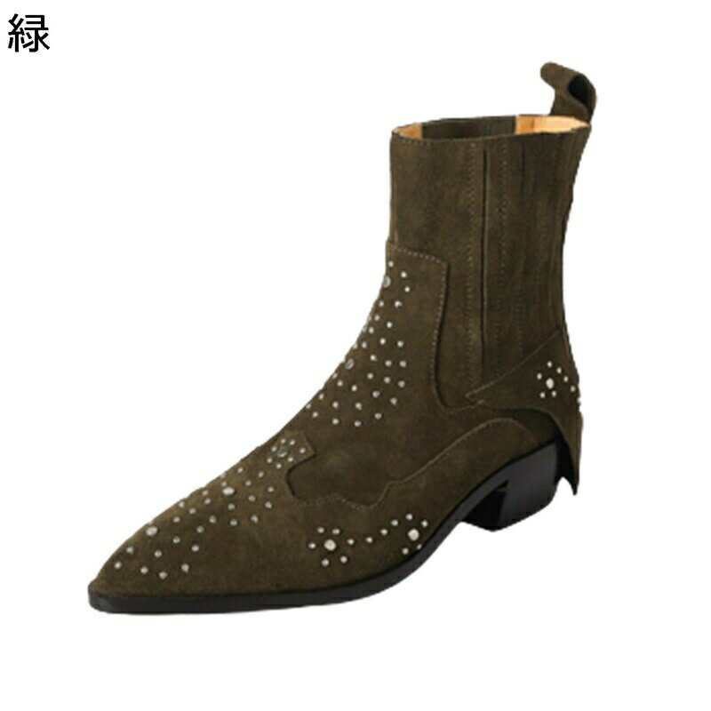 ウェスタンブーツ レザー 本革 金属 リベット ショートブーツ レディース カジュアルブーツ 短靴 ジッ..