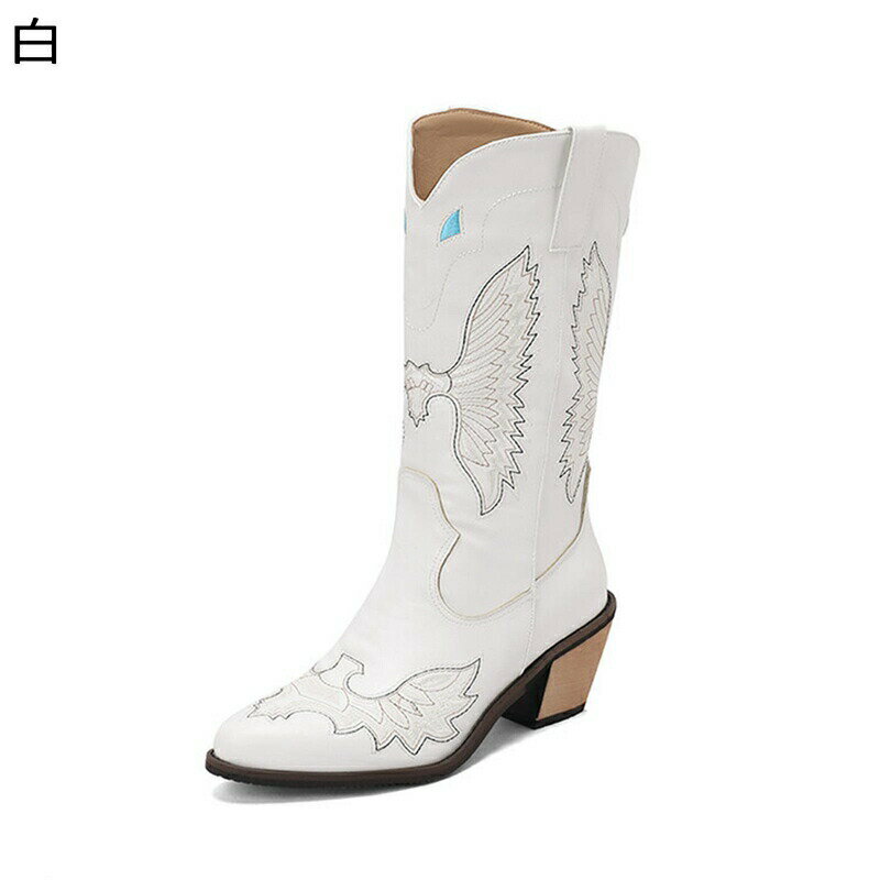 ウェスタンブーツ レディース 大きいサイズ 刺繍 図案 冬秋 アーモンドトゥ 粗いかかと ミドルヒール ..