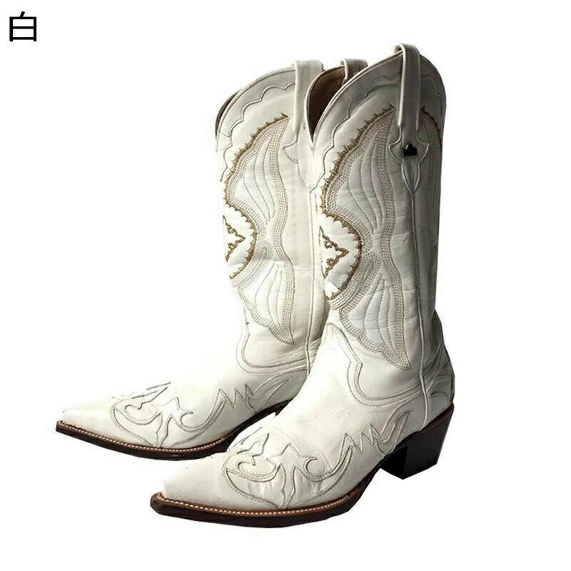 秋 冬 ウェスタンブーツ ロングブーツ 刺繍 切り替え 膝下 長ブーツ 太ヒール レディース 太ヒール ミドルヒール ポインテッドトゥ 防滑 可愛い 身長UP おしゃれ 歩きやすい 柔軟 普段用