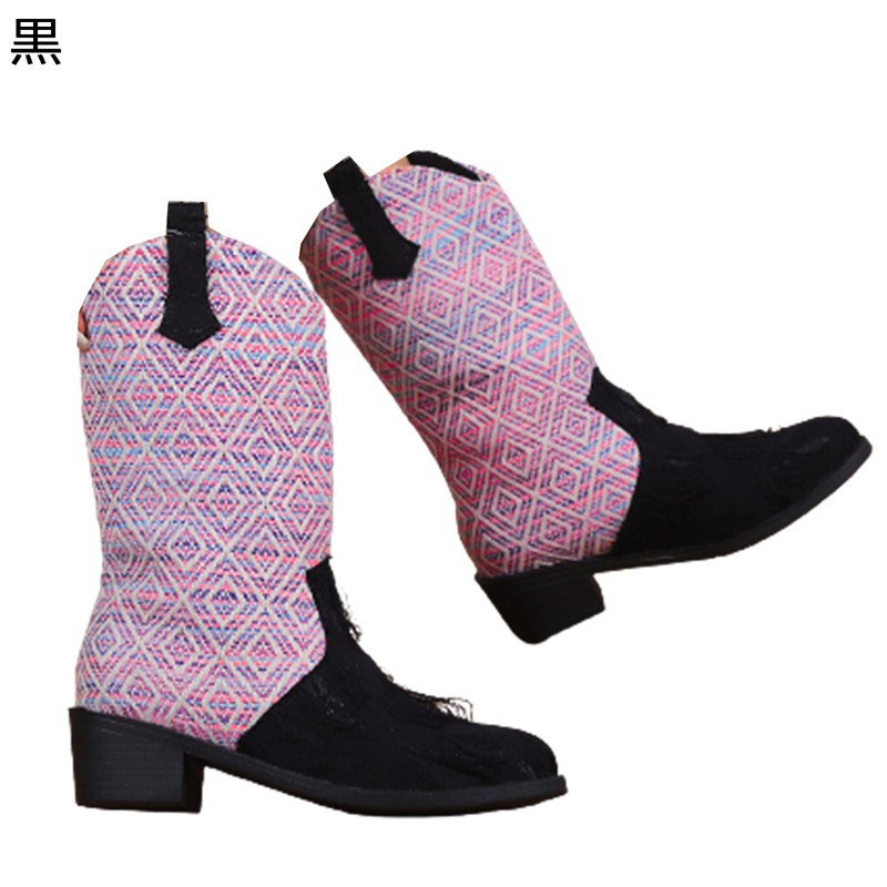 ウェスタンブーツ レディース ロングブーツ 長ブーツ 大きいサイズ ダメージ 刺繍 パッチワーク コンビ ジョッキーブーツ 太ヒール ミドルヒール ポインテッドトゥ 滑り止め 可愛い 無地