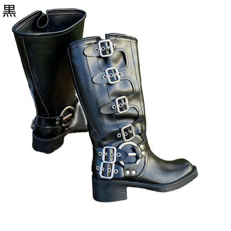 リングブーツ エンジニアブーツ 膝下 レディース モンクストラップ ジッパー メタリック 金属 ベルト ラウンドトゥ 粗いかかと ミドルヒール おしゃれ 滑りにくい 会社 普段履き クッション