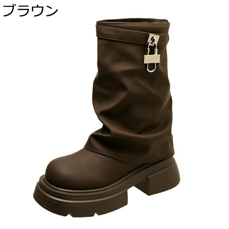 ロングブーツ メタリック 金属 膝下 ロング レディース くしゅくしゅ ドレープ 太ヒール ミドルヒール ラウンドトゥ 秋 冬 ファッション 滑らない 柔らかい 通勤 日常 ソフトクッション