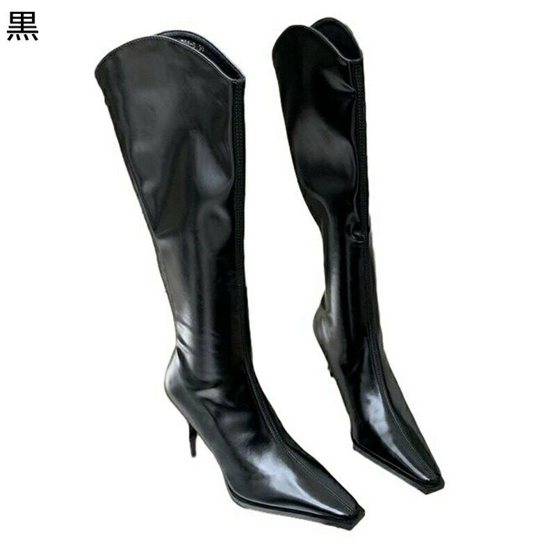 ジョッキーブーツ レディース ロング丈 秋冬靴 ウェスタンブーツ エナメル 無地 ジッパー スクエアトゥ ピンヒール ミドルヒール セクシー 滑りにくい 柔らか 身長アップ 細見え オシャレ