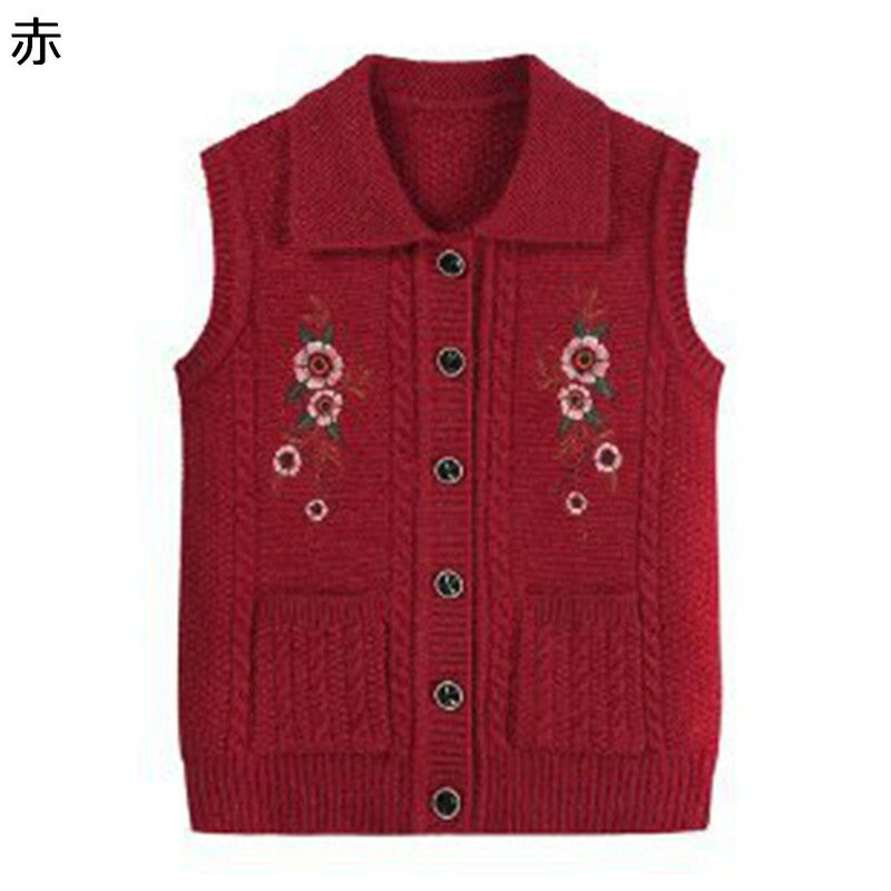 ニットベスト 折り襟 ベスト レディース 冬 刺繍 花柄 花 無袖 アウター お年寄り 婦人服 暖かい 保温性 雪対策 ポケット付き ボタン付き 女性 トレンド 簡約 ウィンターベスト 職場 通勤 会社