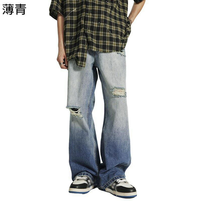 Gパン メンズ ダメージ加工 ジーンズ デニム 春秋用 ワイドパンツ ゆったり グラデーション ロン