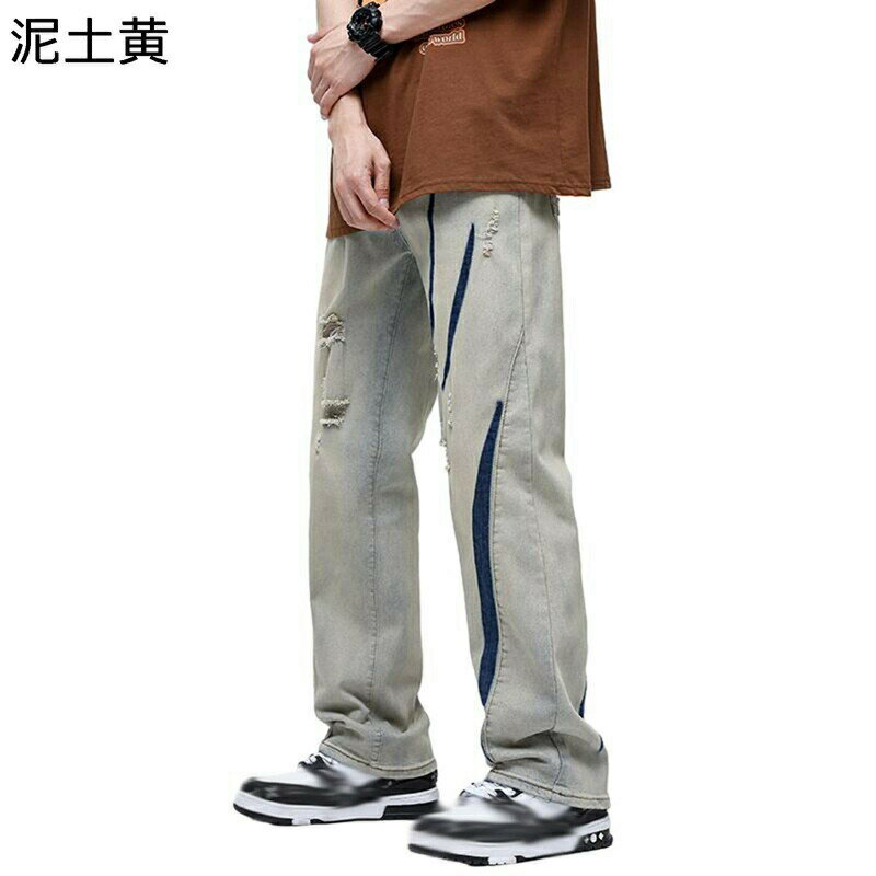 デニムパンツ メンズ ジーンズ チノパン ロングパンツ ダメージ パッチワーク 個性 デザイン レトロ ファッション カジュアル 日系 シンプル 通気性 速乾性 作業着 散歩 ジーパン おしゃれ 男性 春 夏 秋