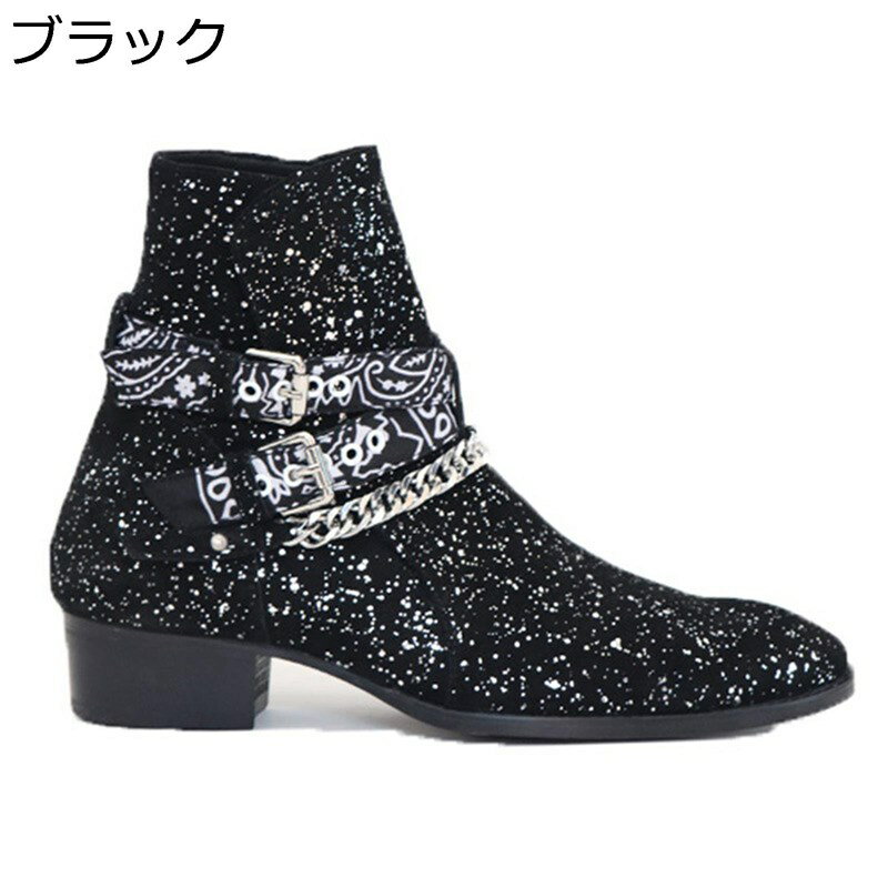 チェルシーブーツ メンズ 革靴 クロスストラップ スパンコール ウェスタンブーツ チェーン 秋冬春 ハイ..