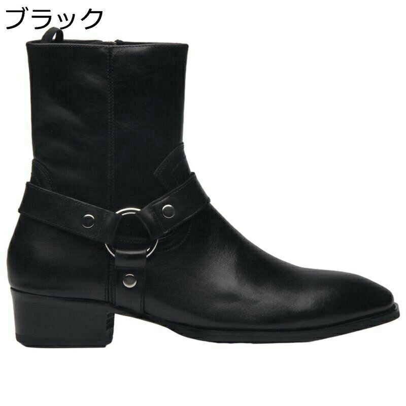 チェルシーブーツ メンズ サイドジップ 牛革 バックル付き 秋冬 ショートブーツ ミドルカット 短靴 ポ..