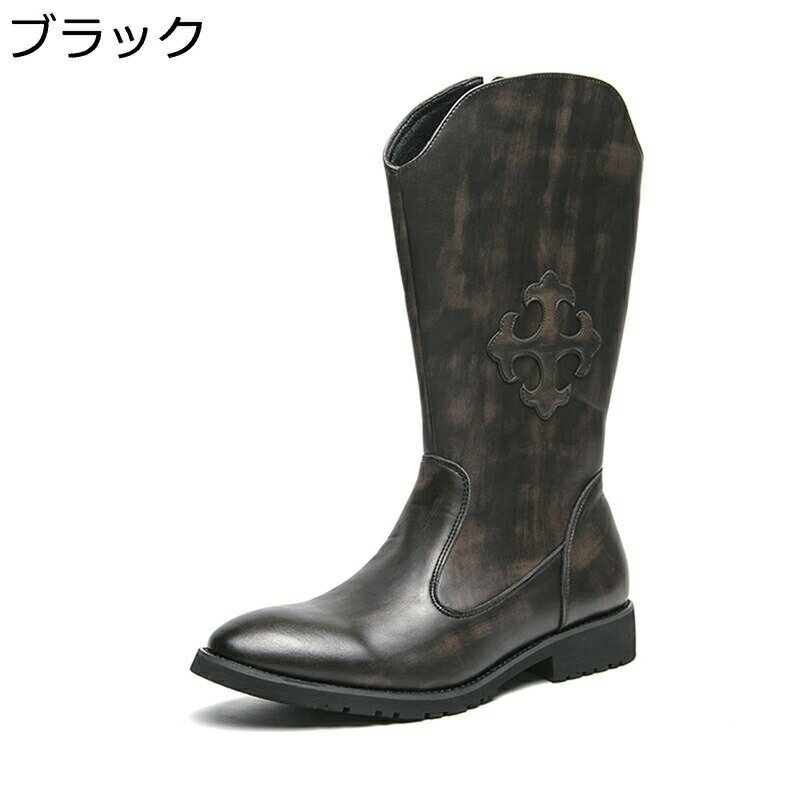 ロングブーツ ウェスタンブーツ 膝丈 ジョッキーブーツ メンズ 乗馬ブーツ 厚底 サイドジップ レトロ 脚長 脱げない フィット 着回し 秋冬 ソフト 防滑 大きいサイズ 原宿 フォーマル オフィス 通勤